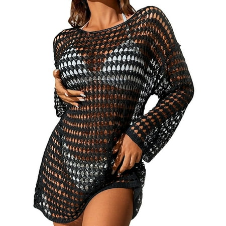 Women s Swimwears Cover-Ups Female Sexy Knitted Hollow Out Pullover Round Neck Long Sleeve Bikini Swimwear Cover Up Sun Clothing Women Leisure Swimwear