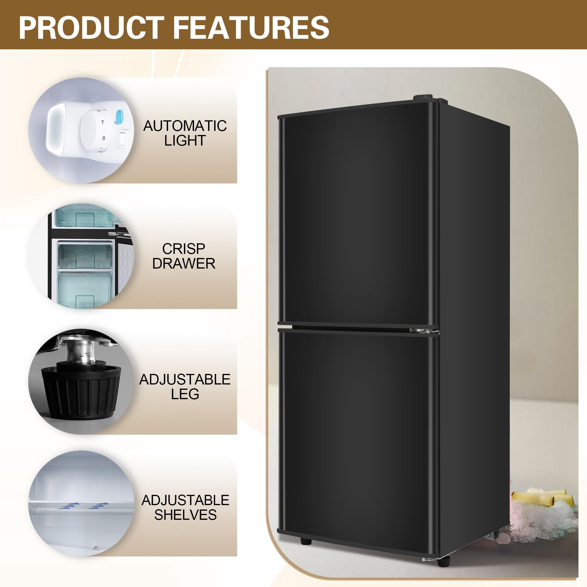 4.2 Cu.Ft Small Fridge with Freezer, 7 Level Adjustable Thermostat, 2 Door Design, Removable Glass Shelves, Quiet 38dB Energy Saving for Dorm Office Kitchen, Black