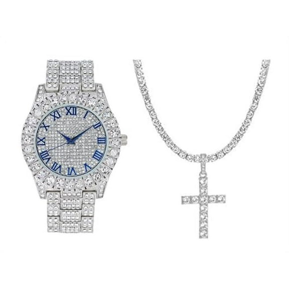 Charles Raymond Luxury Mens Iced Out Tennis Cross Necklace w/Diamond Quartz Wristwatch - Be Lit & Choose The Matching Blinged Out Cuban ZZ Bracelet Set - ST10327RN SLV Blue #R 2pc Set (18")