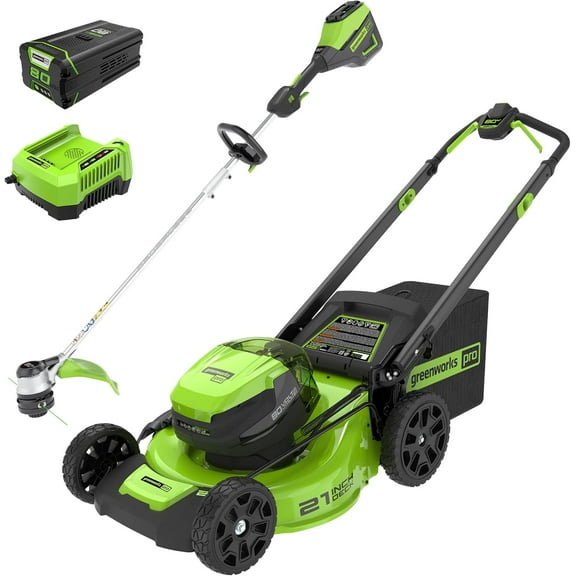 Greenworks 80V 21" Cordless Battery Push Lawn Mower,16" Cordless Battery String Trimmer Combo Kit w/(1) 4Ah Battery & (1) 4A Rapid Charger