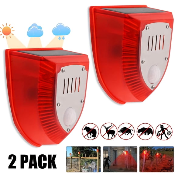 2-Pack Solar Security Alarm Lights, 129dB Siren & Strobe Light, Motion & Water Level Sensor, Dog Barking Sound, Waterproof Warning Light for Farm, Barn, Yard, Villa, Patio Safety