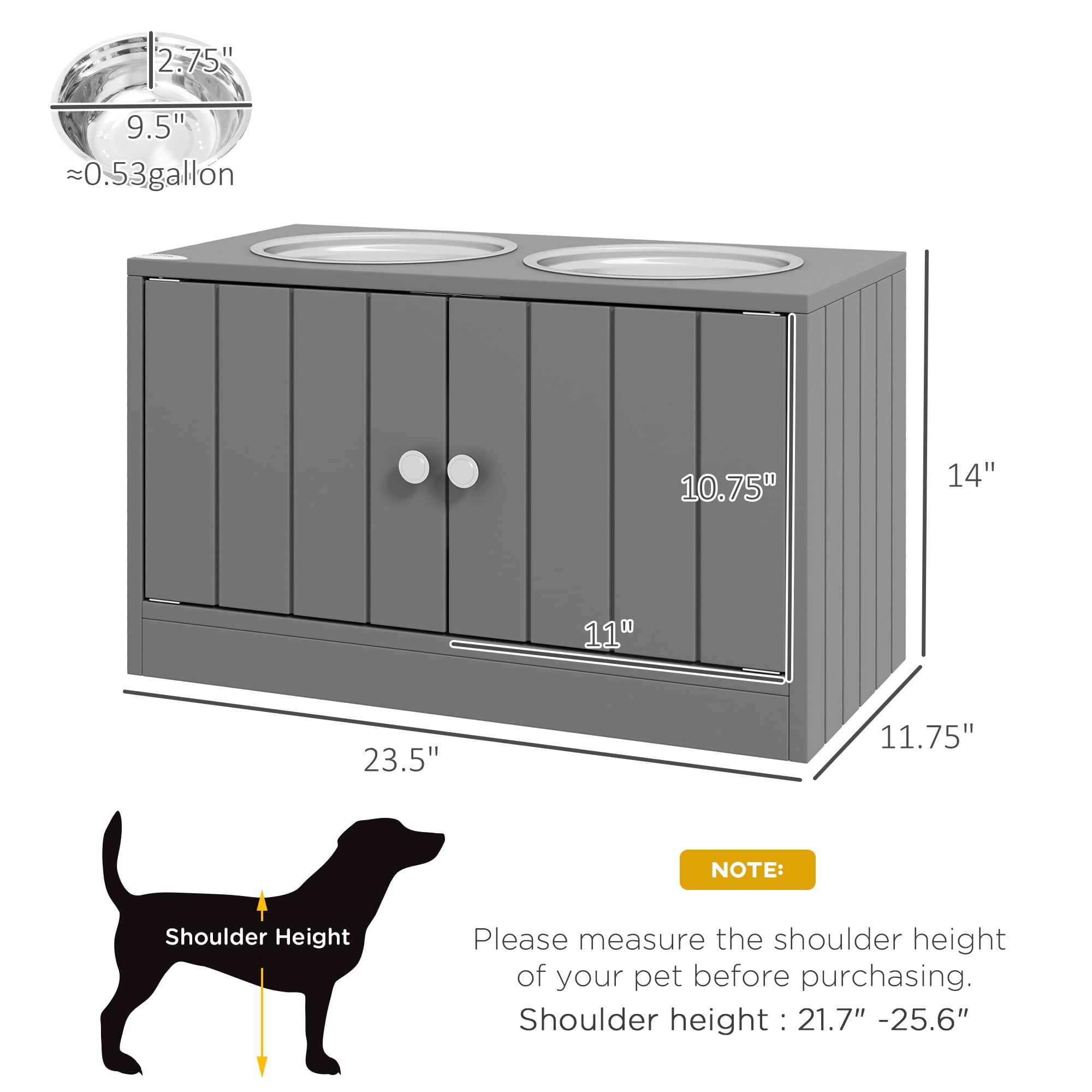Large Elevated Dog Bowls Raised Feeding Station with 44L Storage Cabinet Stainless Steel Bowls Magnetic Closure Pet Food Stand Gray
