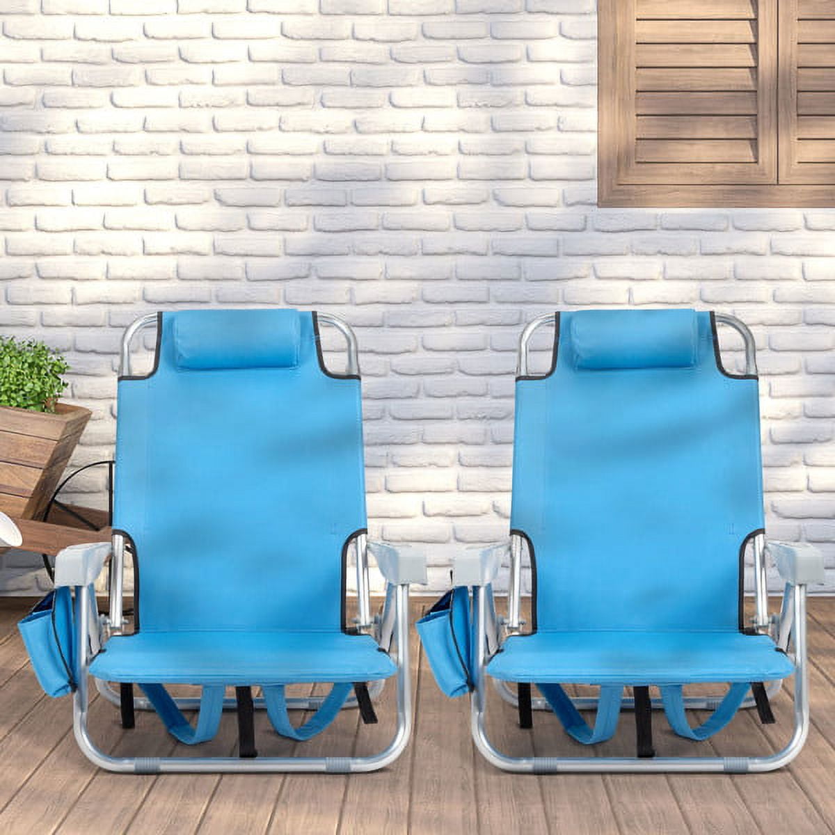 Short Oxford Cloth Silver White Aluminum Tube Bearing 100kg Beach Chair with Cup Holder Storage Pouches Blue