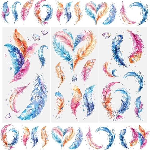 3 Sheets Colorful Feathers Scrapbook Stickers Diamond Embellishment Furniture Stickers Dreamy Style Art Window Decals Rub on Transfers for Crafts,15 * 30cm