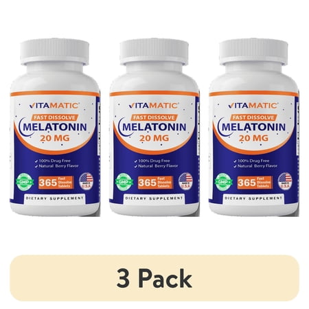 (3 pack) Vitamatic Melatonin 20mg Tablets | Vegetarian Non-GMO Gluten Free | 1 Year Supply | Natural Berry Flavor - 365 Tablets