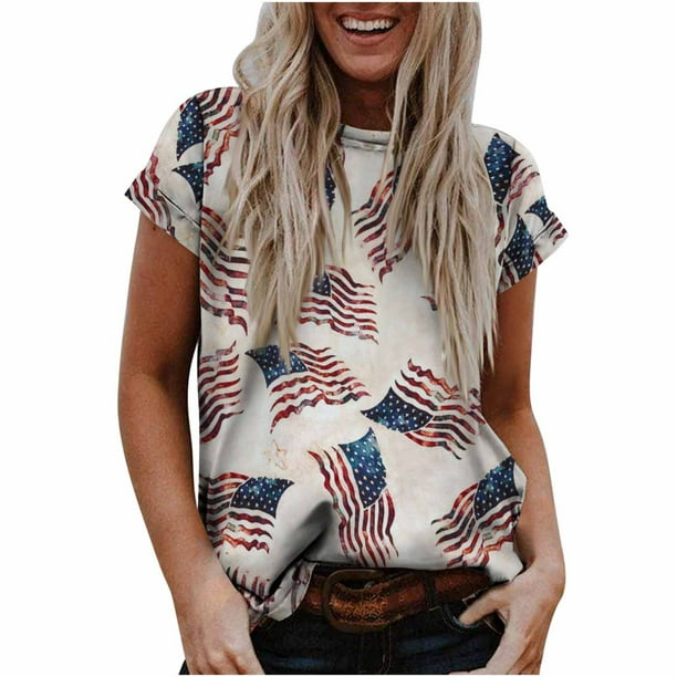 Tops de mujer Moda Casual Blusa suelta Bandera del Día de la Independencia Impresión de cuello redondo Camiseta Camisas Blusa Camiseta estampada Pompotops hfajkhk129859
