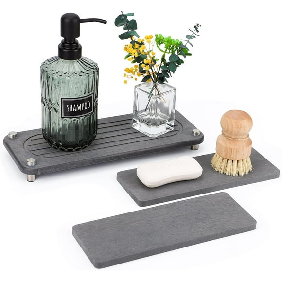 shiyou-Water Absorbing Stone Drying Tray, 11 x 4.4in Fast Dry Diatomaceous Earth Bathroom Tray with Coaster, Kitchen Counter Decor Soap Holder Bathroom Accessories Countertop Orgainzer Dark Gray