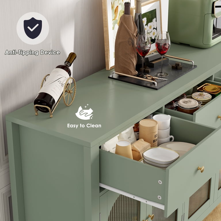 63" Green Sideboard Buffet Cabinet - Modern Storage Cabinet With Drawers, Coffee Bar For Living Room Or Kitchen