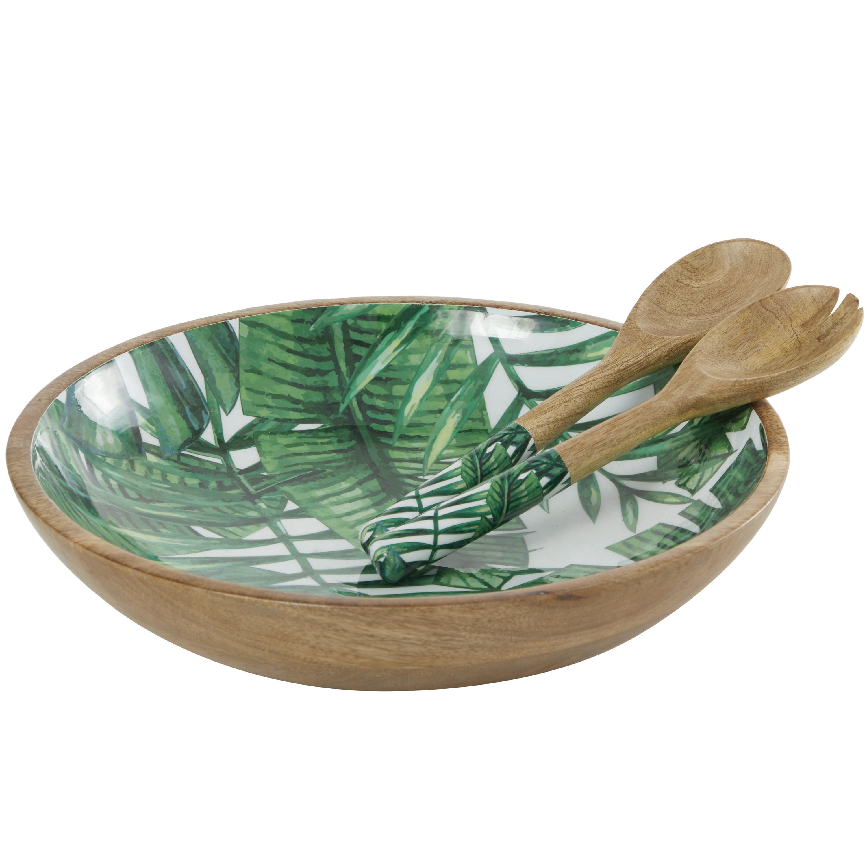 DecMode 15", 11", 11"W Handmade Round Green Mango Wood Decorative Bowl with Matching Salad Serving Utensils, Set of 3