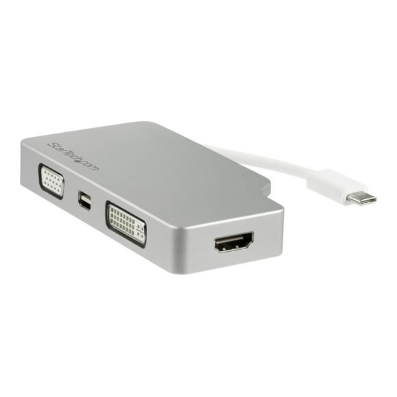 StarTech.com USB C Multiport Video Adapter with HDMI, VGA, Mini DisplayPort or DVI, USB Type C Monitor Adapter to HDMI 1.4 or mDP 1.2 (4K), VGA or DVI (1080p), Silver Aluminum Adapter - 4-in-1 USB-C Converter (CDPVGDVHDMDP) - Adapter - 24 pin USB-C male to HD-15 (VGA), DVI-D, HDMI, Mini DisplayPort female - 4.1 in - silver - 4K support, active