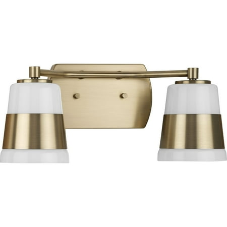 

Haven Collection Two-Light Vintage Brass Opal Glass Luxe Industrial Bath Light