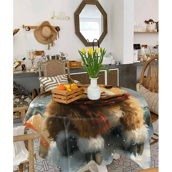 Christmas Cow Tablecloth Square Table Cloth 60x60 , Waterproof Tablecloth Outdoor Table Cloth, Vintage Painting Winter Snowy Xmas Tree Washable Table Cover for Kitchen Dining Party