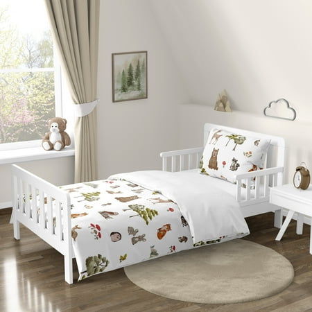 Sweet Jojo Designs Watercolor Woodland Forest Animals Green Brown White Toddler Bed Comforter 5 Piece Bedding Set