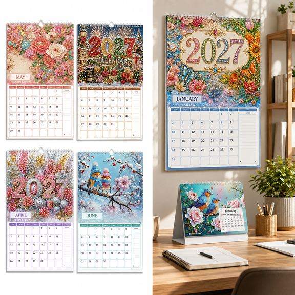 2027 Diamond Art Calendar, DIY Crystal Rhinestone Painting Wall Calendar with 12 Monthly Pages, Partial Drill Gem Art Decor for Home Office Planning and Craft Lovers, Style A