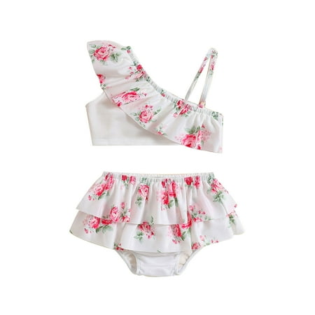 XJZMD Summer Toddler Girls Floral Printed Ruffles Two Piece Swimwear Swimsuit Bikini Kids Holiday Beach Pool Cute Swimming 3 Years-4 Years