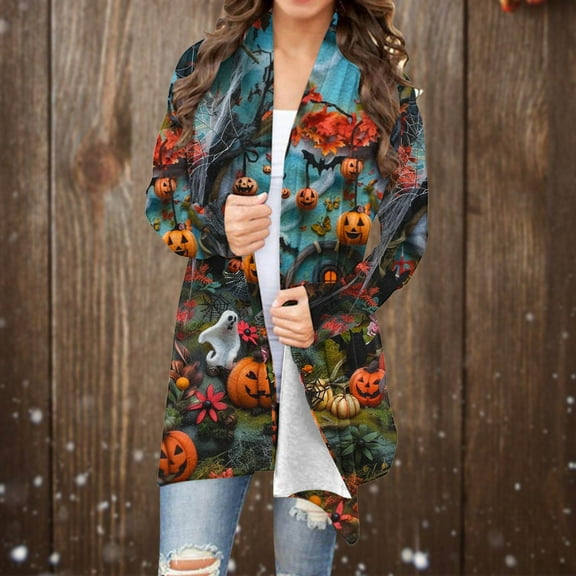 WXLWZYWL Halloween Cardigan for Women Plus Size Long Open Front Cardigans Halloween Pumpkin Pattern Cardigan Bat Cardigan