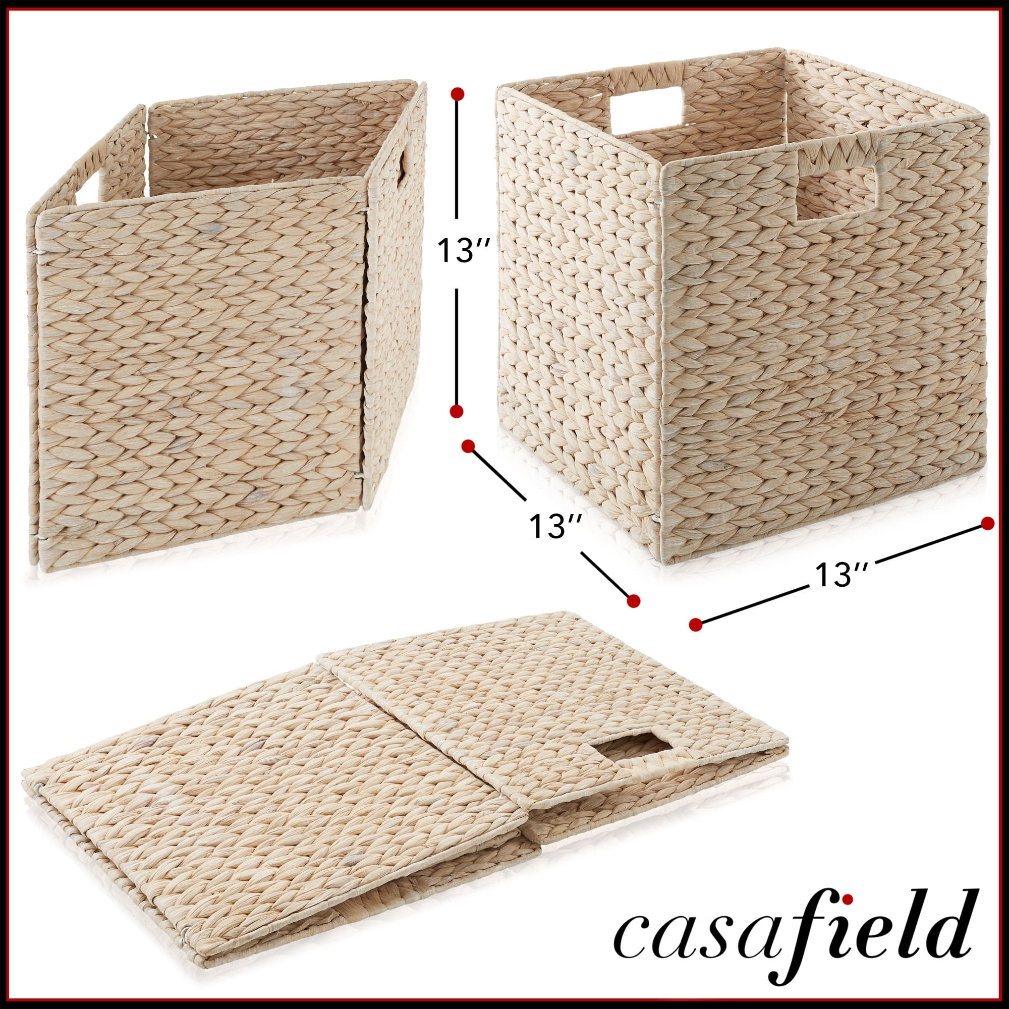 Casafield 13" x 13" Water Hyacinth Storage Baskets, Whitewash - Set of 2 Collapsible Cubes, Handwoven Organizer BIns for Bathroom, Bedroom, Laundry