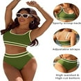 thumbnail image 3 of Women's High Waisted Bikini Sets Sporty Two Piece Swimsuits Color Block Cheeky High Cut Bathing Suits-Army Green, 3 of 5