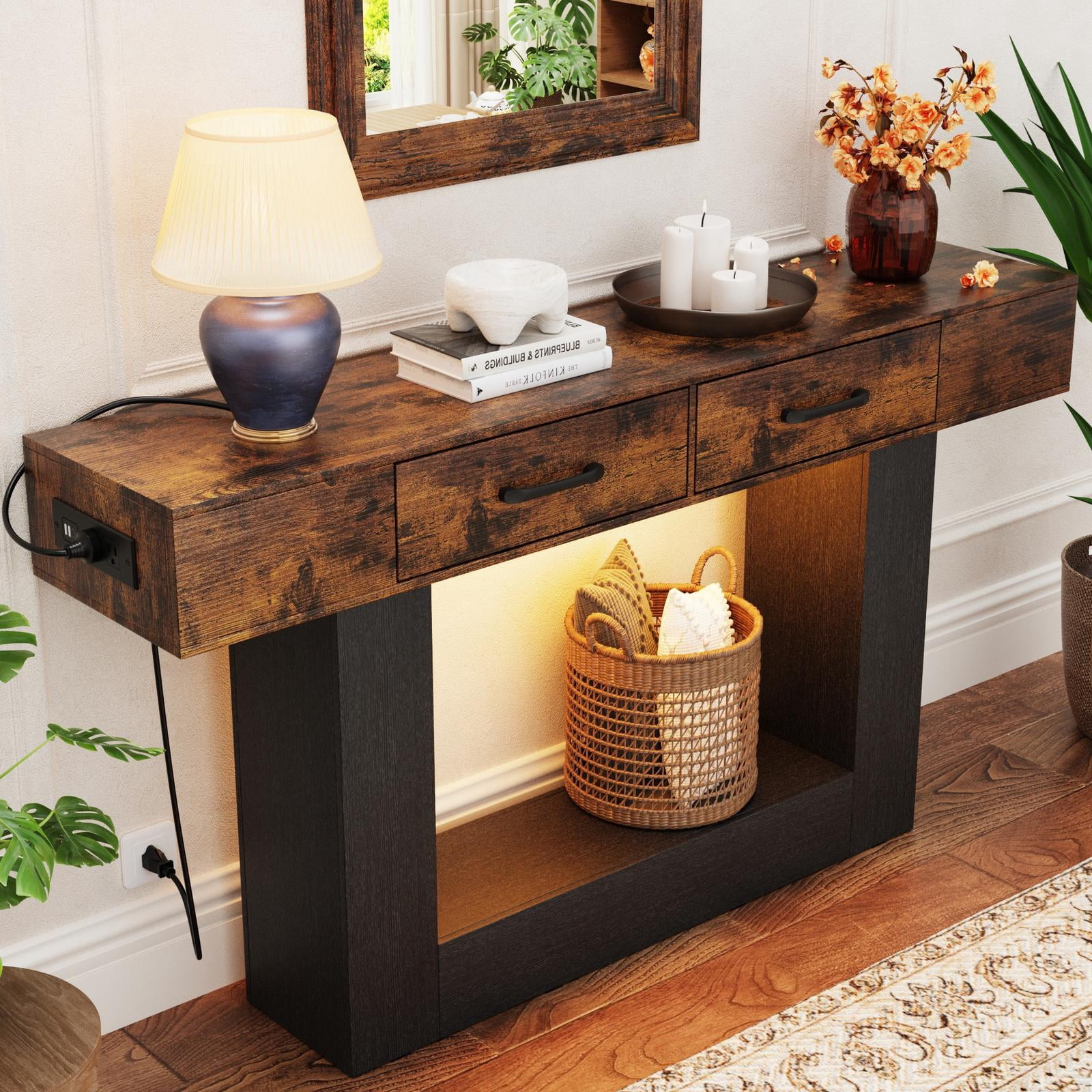 63" Long Console Table, Holaki Modern Farmhouse Entryway Table with 2 Drawers, Outlet & LED Strip, Console Tables with 20 Static Colors & 20 Changing Modes for Living Room, Office, Rustic Brown