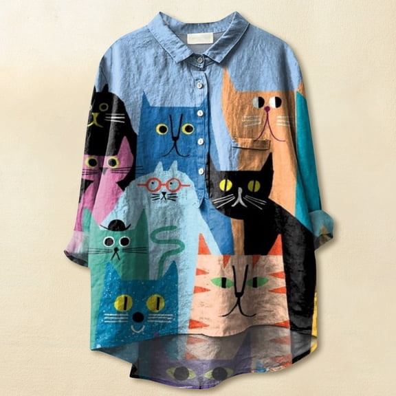 Women's Dressy Casual Tops Spring Fashion Business Blouses Long Sleeve Collared Cute Cat Print Button Down Work Shirts