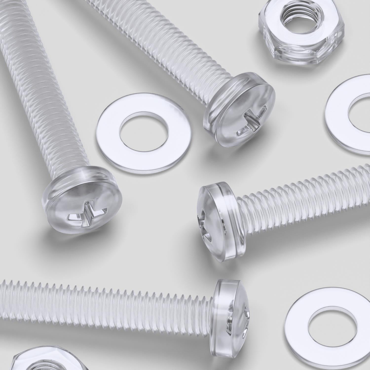 Pack of 60 Transparent Clear Plastic Acrylic M3 x 20mm Nuts & Bolts, Washers - Acrylic Plastic Screws, (3/32 x 25/32 in)
