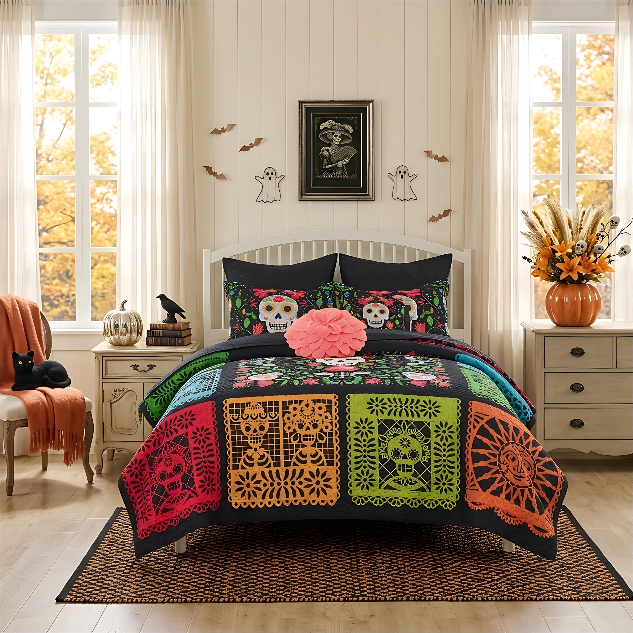 Greenland Home Fashions Day of the Dead Quilt Set, 3-Piece King/Cal King, Teens/Adults