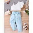 thumbnail image 2 of SUNSIOM Kids Girl Summer Outfits Solid Color Spaghetti Strap Ruffles Fly Sleeve Tops Elastic Waist Long Pants with Belt 2Pcs Clothes Set, 2 of 9