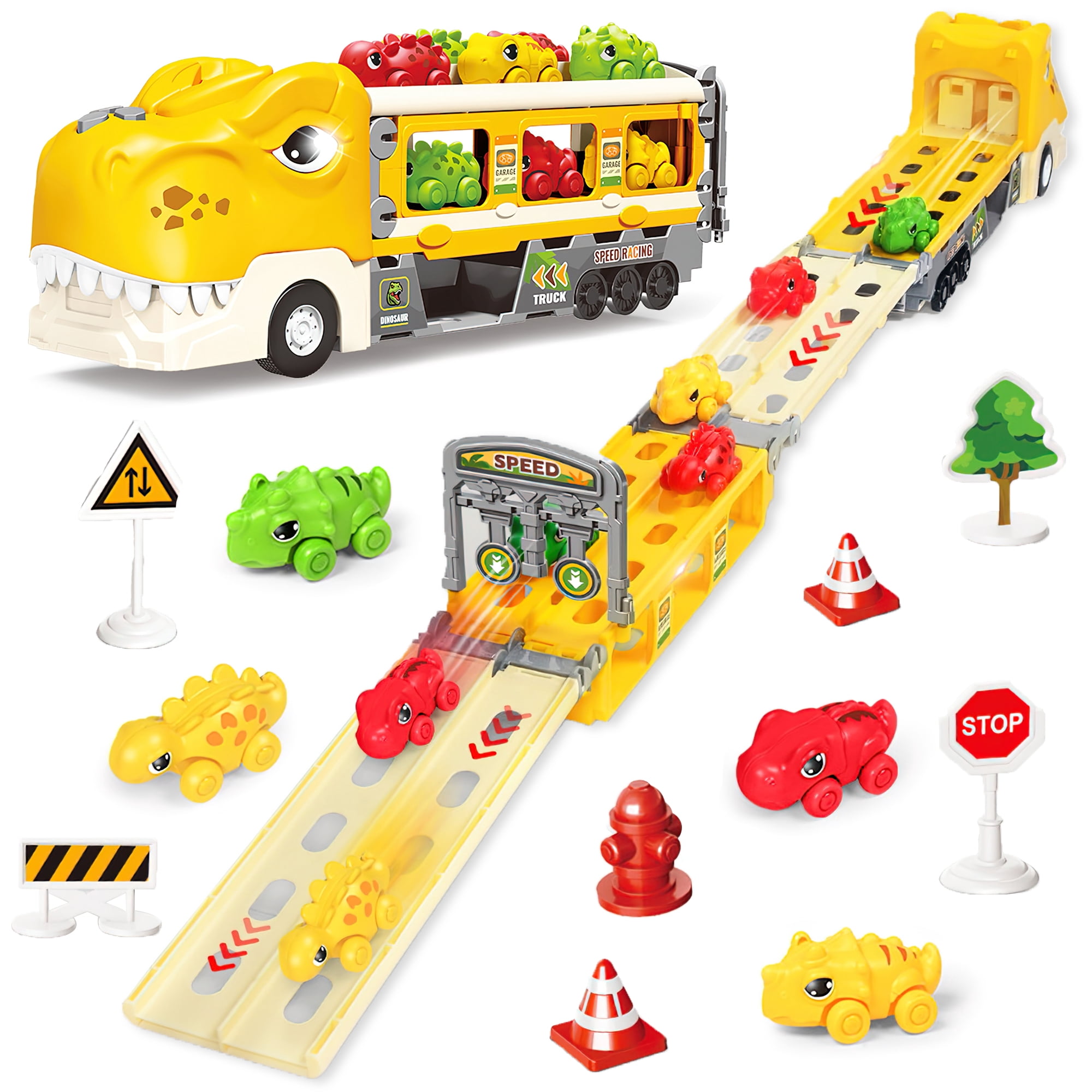 HopeRock Dinosaur Toy, Car Toy for Boys, Dinosaur Carrier Truck with 6 Pack Small Pull Back Dino Car, Christmas Birthday Gift for 1 2 3 4 5+ Boy Kids Toddlers.