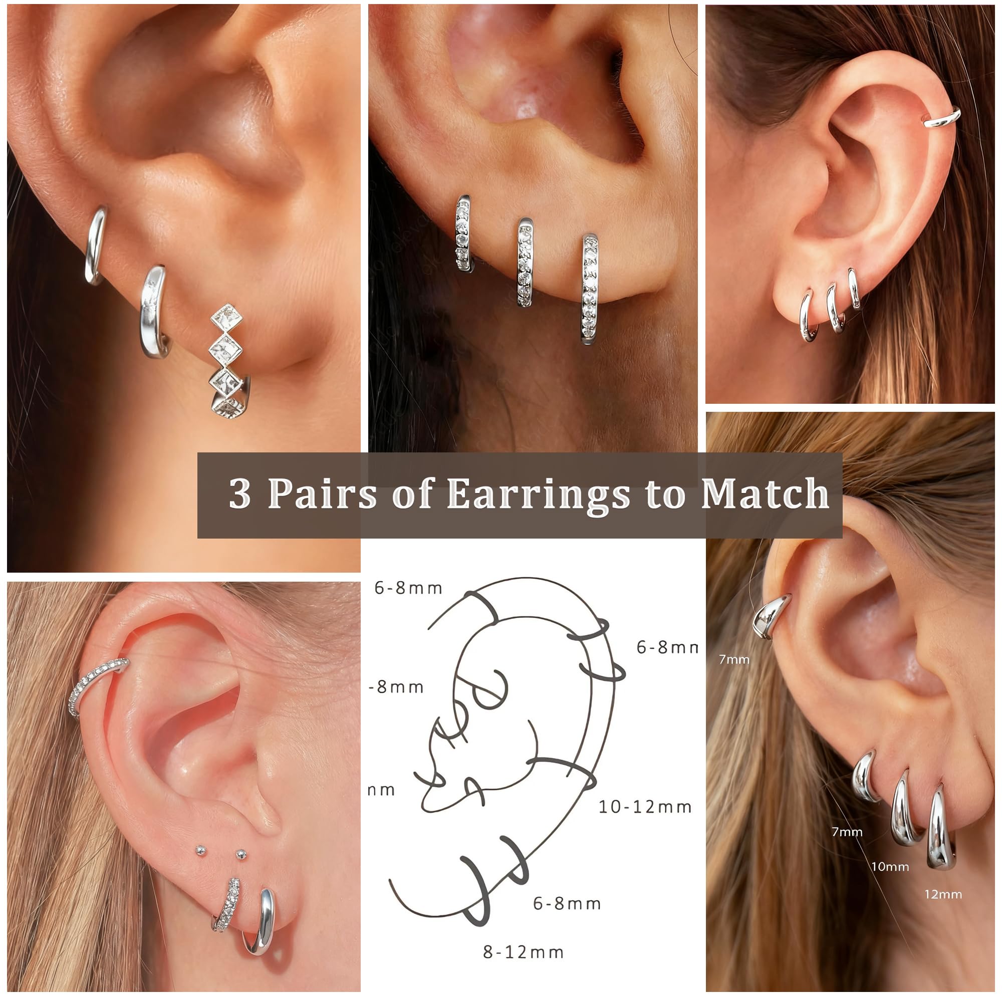 Lunvky 3-Pair Cubic Zirconia Huggie Hoop Earrings photo 4