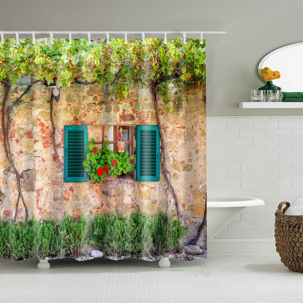 Fabric Shower Curtain With Hooks Pastoral Stone House Rural Garden