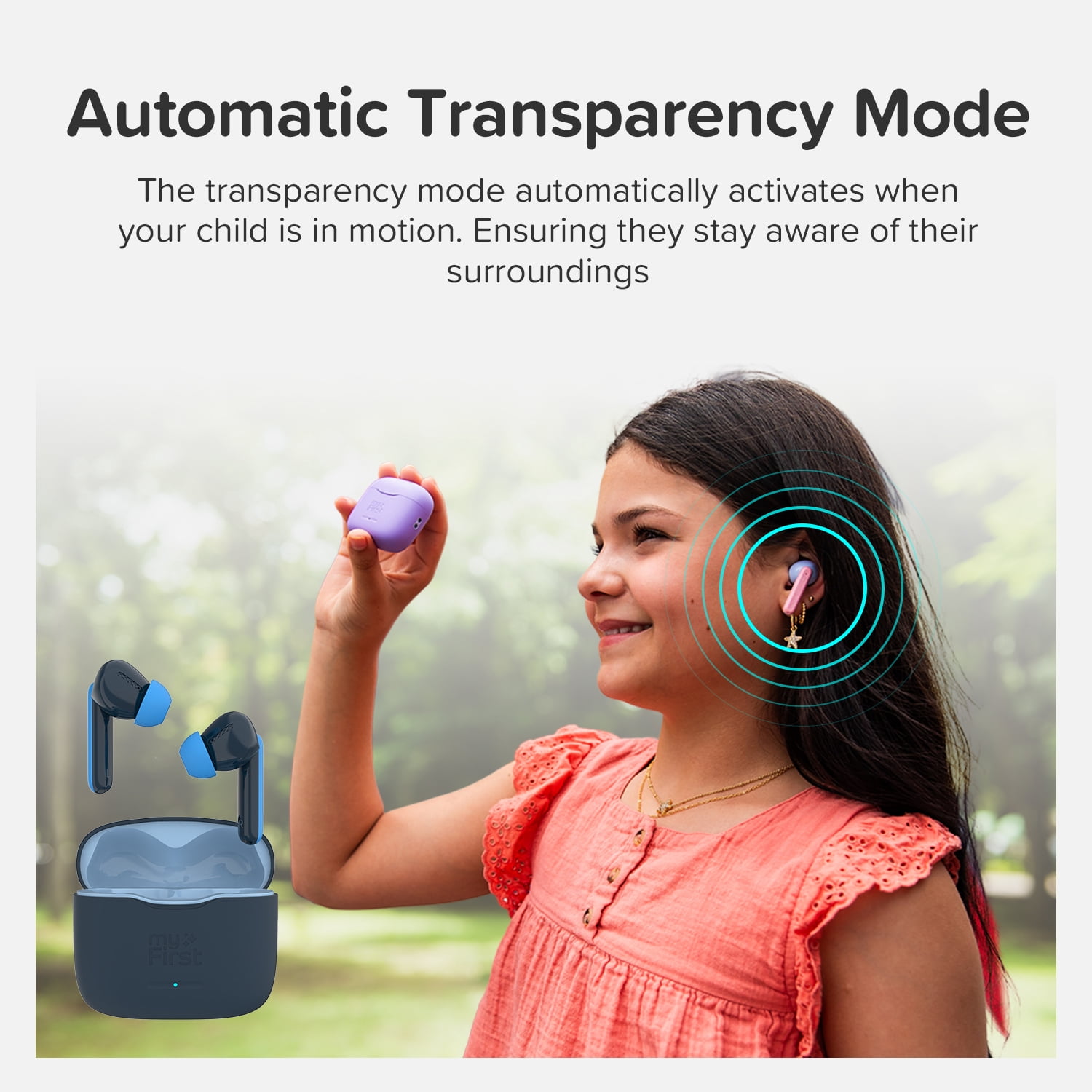 myFirst CareBuds (Space Blue) Kids Wireless Earbuds, 85dB Volume Limit, Built-in ENC Mic, 6 Ear Tips, Anti-Lost Strap, Bluetooth 5.3, IPX4 Waterproof, Gift for Kids 4-15