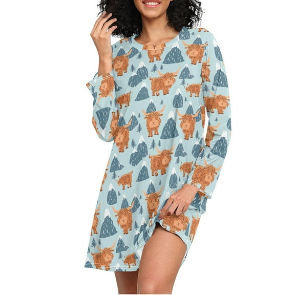 joogoo Highland Cow and Mountains Women's Long Sleeve Nightgown Sleepwear L