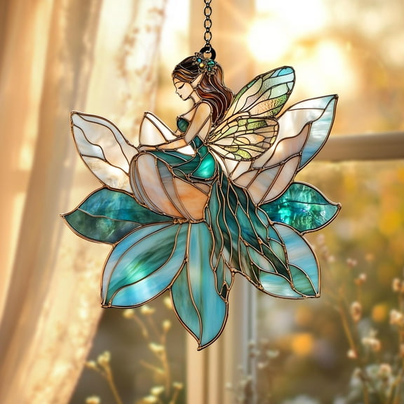2D Fairies Lotus Flower Acrylic Window Hanging, Faux Stained Glass Wall Decor, Fantasy Gift for Mom, Grandma, Gift for Her