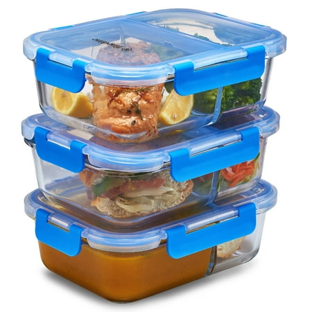ShopoKus Glass Meal Prep Containers 2-Compartment - 3-Pack 32 Oz. Freezer to Oven Airtight Food Storage Container Set with Hinged Locking Lids, Great On the Go Portion Control Lunch (Best Meal Prep Lunches)