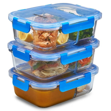 ShopoKus Glass Meal Prep Containers 2-Compartment - 3-Pack 32 Oz. Freezer to Oven Airtight Food Storage Container Set with Hinged Locking Lids, Great On the Go Portion Control Lunch