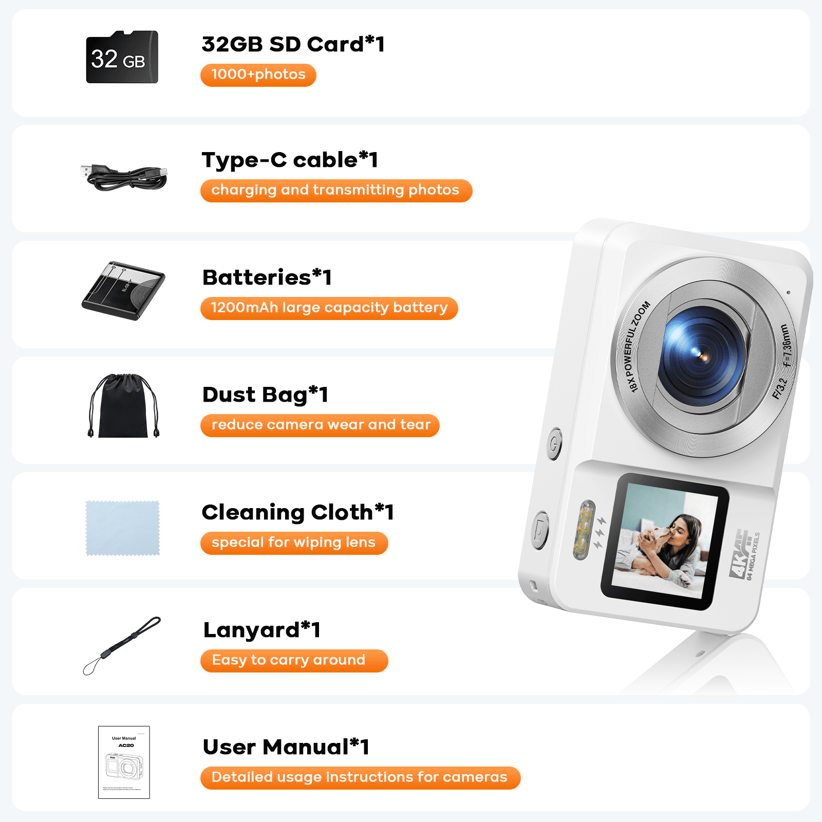 Campark 64MP Digital Camera Autofocus 18x Digital Zoom with 32G SD Card 4K Point and Shoot Camera for Kids Teens Students