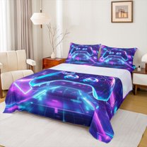 Homewish 3D Gamepad Player Full Size Sheets for Boy, Futuristic Glitter Stripes Bed Sheets, Video Game Lover Sheet Sets, Super Cozy Room Decor, 4pcs