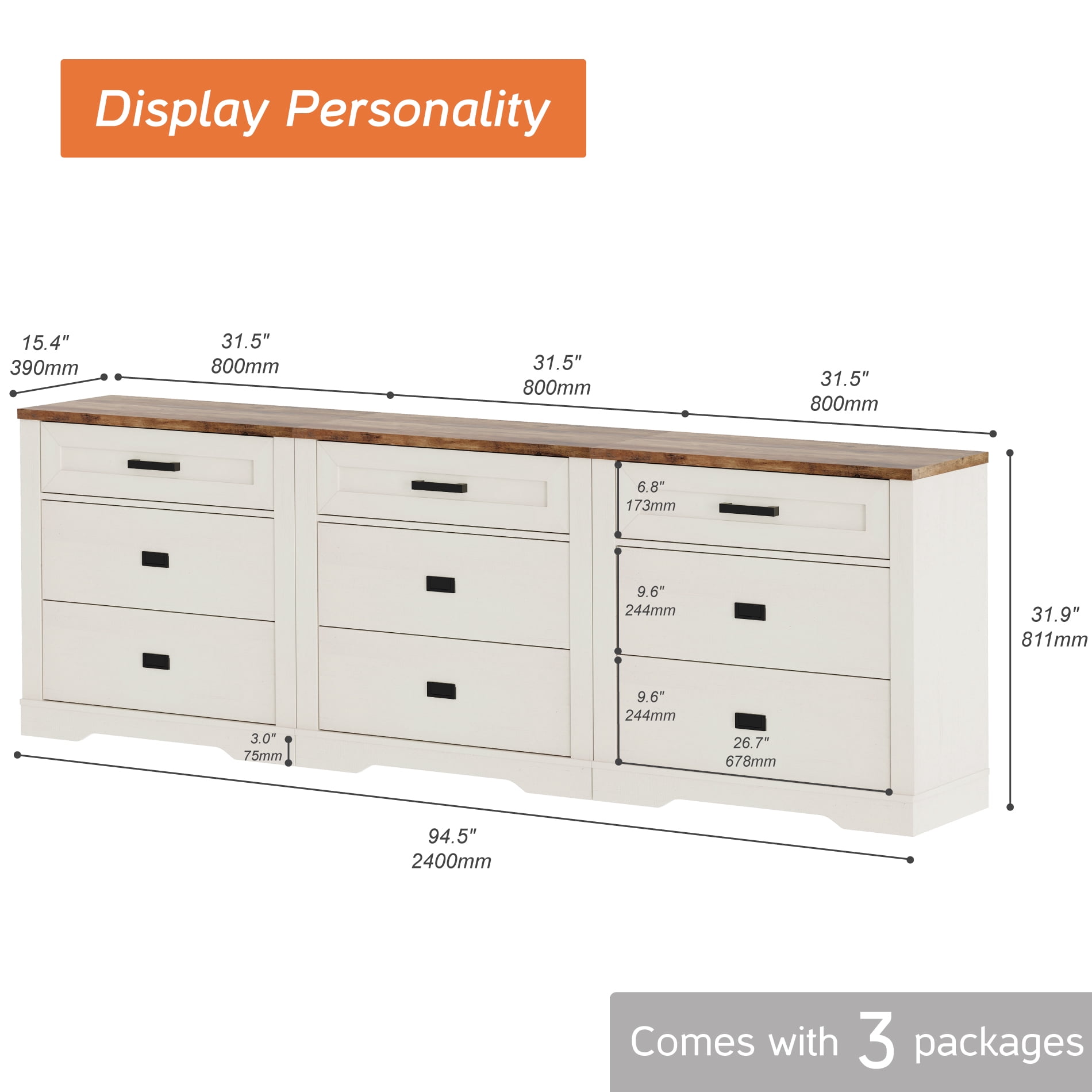 Farmhouse 9 Drawers Dresser for Bedroom,94 inch 3 in 1 Dresser with Small Chest of Drawers,Mid Century Modern Wooden Closet Storage Organizer for Living Room, Hallway,White