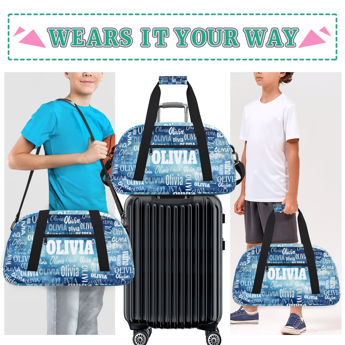 Personalized Sport Dance Gym Bag Duffle Bag Customized Travel Duffel Name Watercolor Blue
