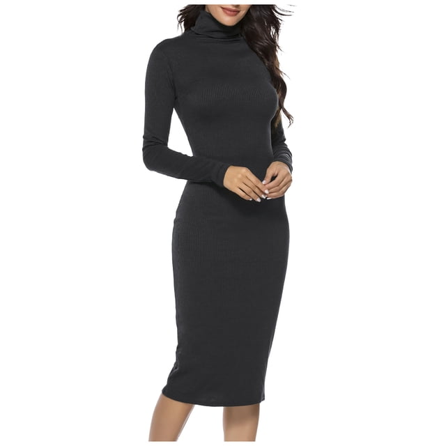 Vestido de punto acanalado de cuello alto para mujer - Vestido midi de manga larga y corte ajustado