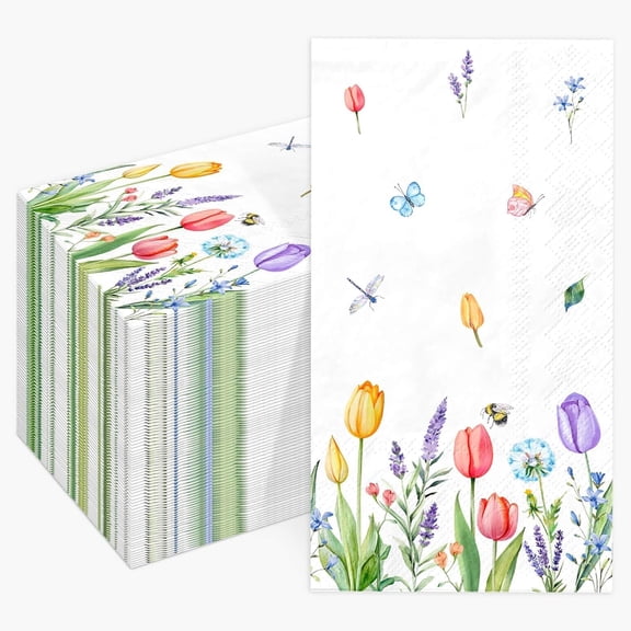 100Pcs Tulip Lavender Guest Napkins Spring Summer Blooming Floral Disposable Hand Towels for Bathroom Guest Towels Paper Napkins Decorative Dinner Napkins for Easter Mother's Day Birthday Party