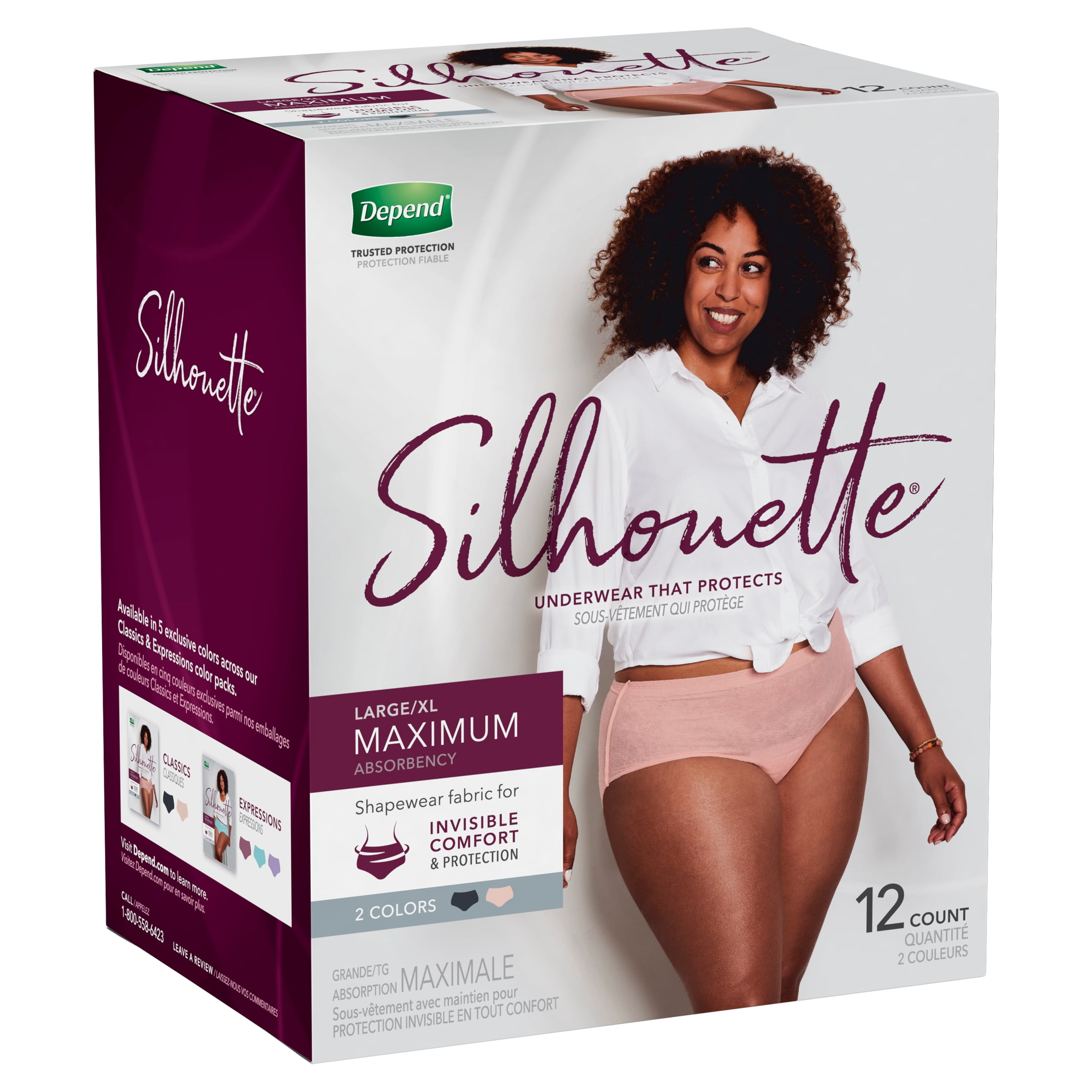 Depend Silhouette Incontinence Underwear for Women, Maximum Absorbency,  L/XL, Pink & Black, 12 Count 