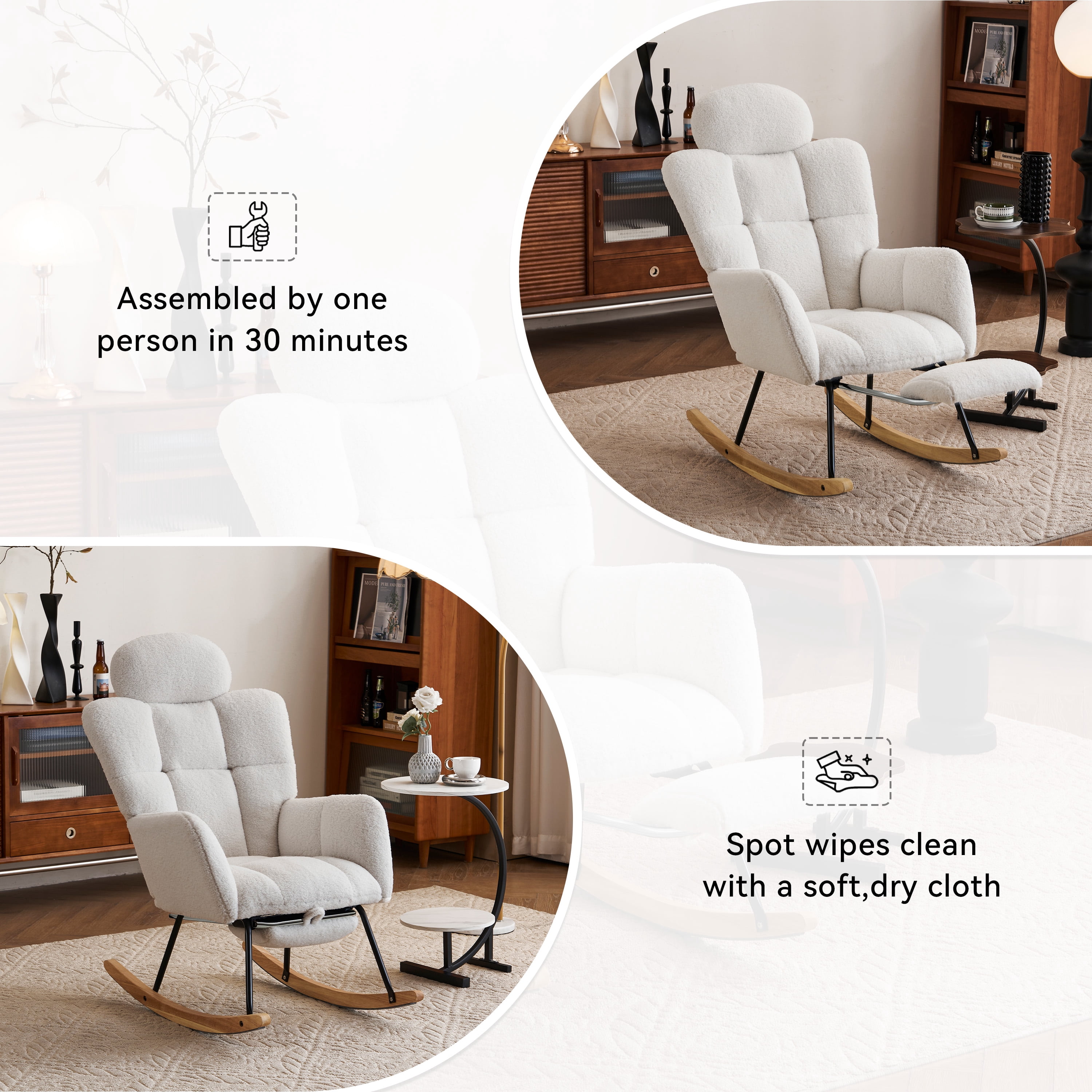 Teddy Fabric Rocking Chair, Upholstered Glider with Removable Pillow and Adjustable Footrest, High Backrest for Nursery and Bedroom, Ivory