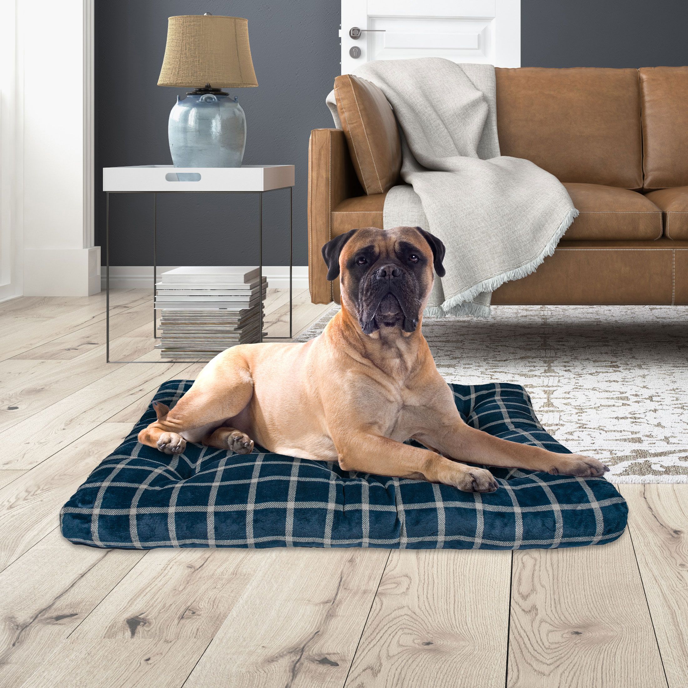 Vibrant Life Extra Large Tufted Plush Dog Bed with Recycled Fiberfill, Blue Plaid