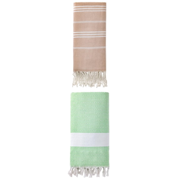 Unique Bargains 2Pcs Striped Quick Dry Beach Towel Brown Green 71" x 35"/71" x 40"