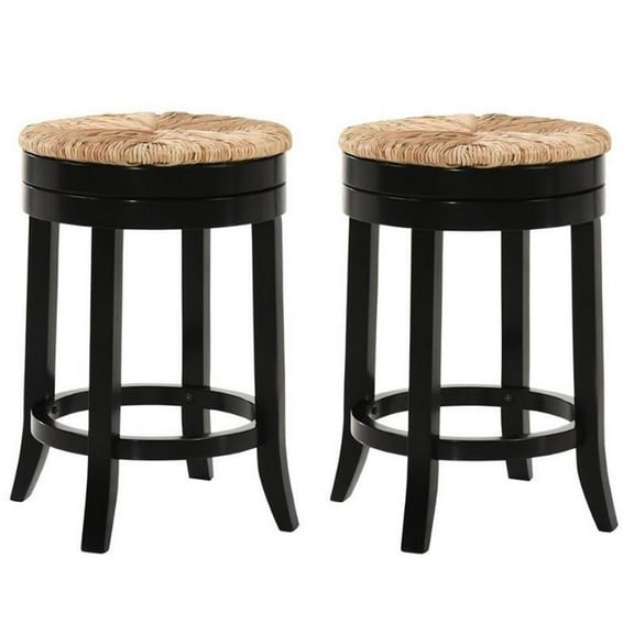 Home Square 2 Piece Swivel Rush Seat Counter Stool Set in Antique Black