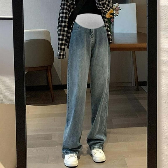 hengsof Women's Maternity High-Waisted Belly Support Wide Leg Jeans for Pregnancy Daily Casual Wear