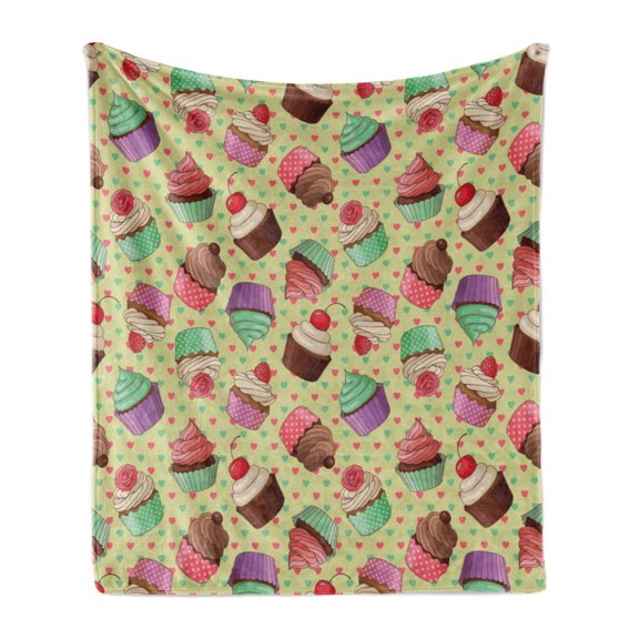Coffee Soft Flannel Fleece Throw Blanket, Coffee Shop Bakery Inspired Tasty Cupcake Pattern on a Polka Dot Hearts Backdrop, Cozy Plush for Indoor and Outdoor Use, 50" x 70", Multicolor, by Ambesonne