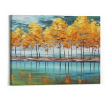 Creowell Gold Ginkgo Tree Canvas Wall Art Nature Painting Modern Blue Landscape Mountain Artwork Fall Abstract Teal Scenery Picture Framed for Living Room Bedroom Home Wall Decor 20x16inch