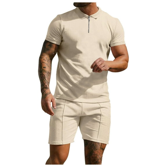 YYDGH Men's Two Piece Shorts Set Summer Casual Daily Outfits Oversized Short Sleeve Zip Up Lapel Polo Shirt and Wide Leg Pants